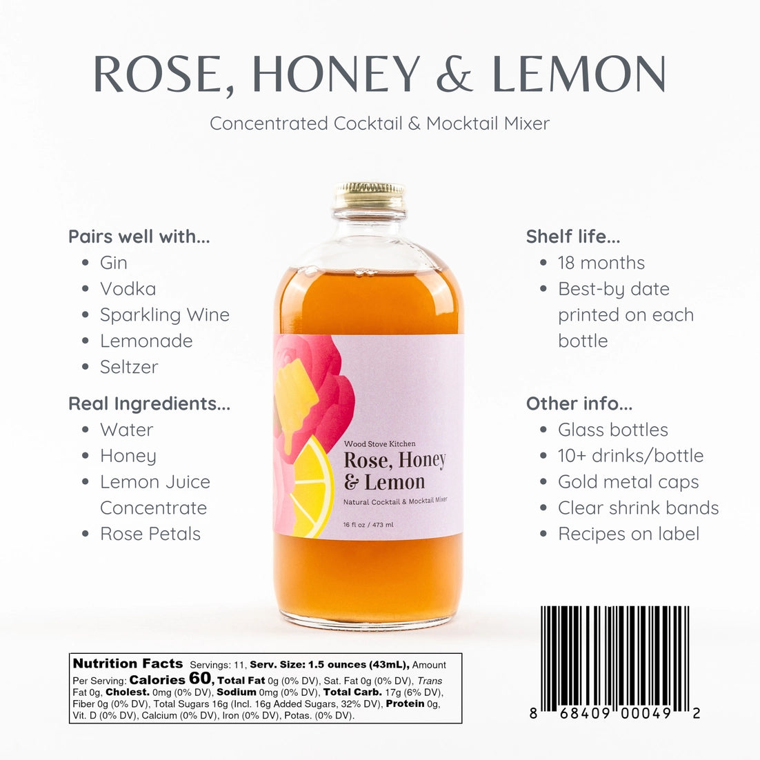 Rose Honey Lemon Cocktail Mixer and Mocktail Mixer, 16 Fl oz