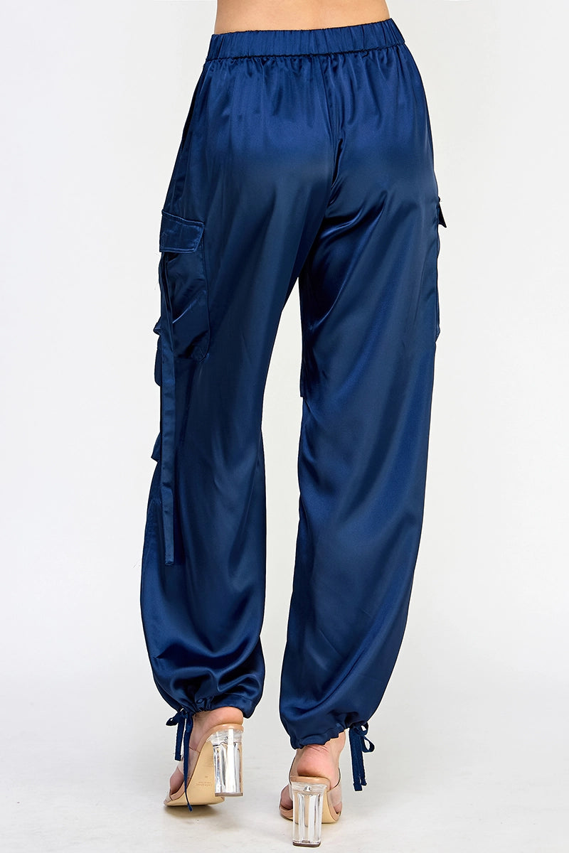 Satin Cargo Pants, Navy
