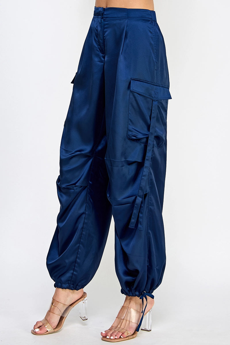 Satin Cargo Pants, Navy