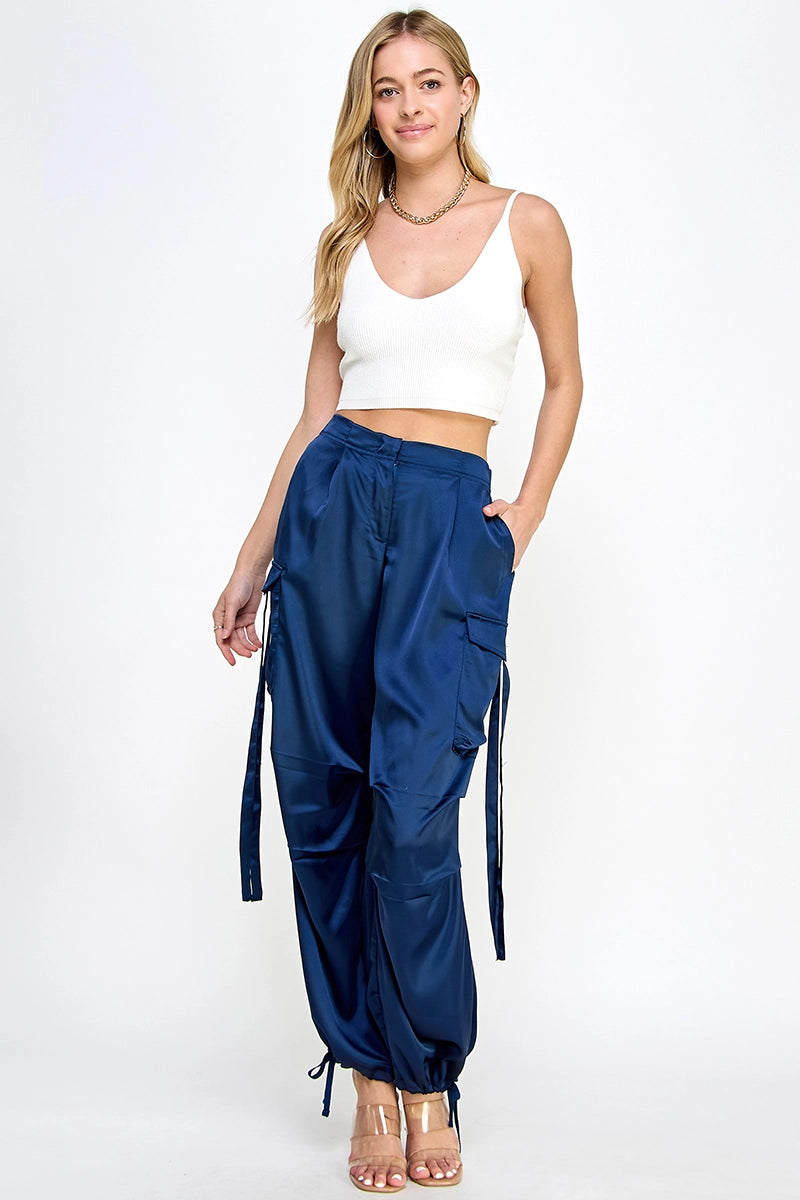 Satin Cargo Pants, Navy