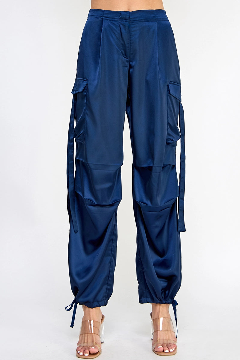 Satin Cargo Pants, Navy