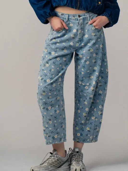 Floral Print Relaxed Fit Denim Pants