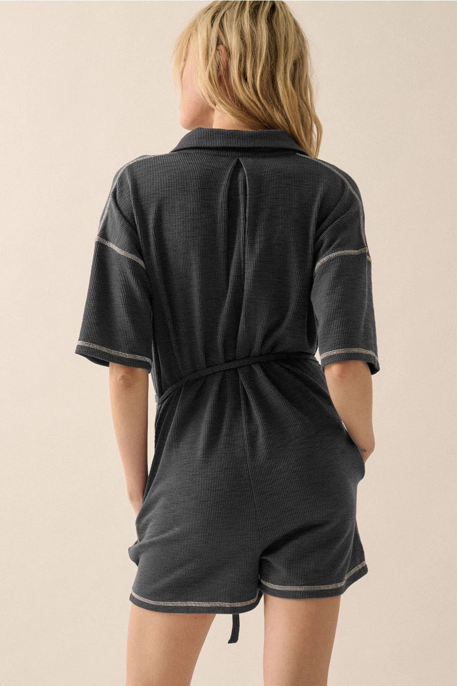 Collared Exposed-Seam Solid Rib-Knit Romper
