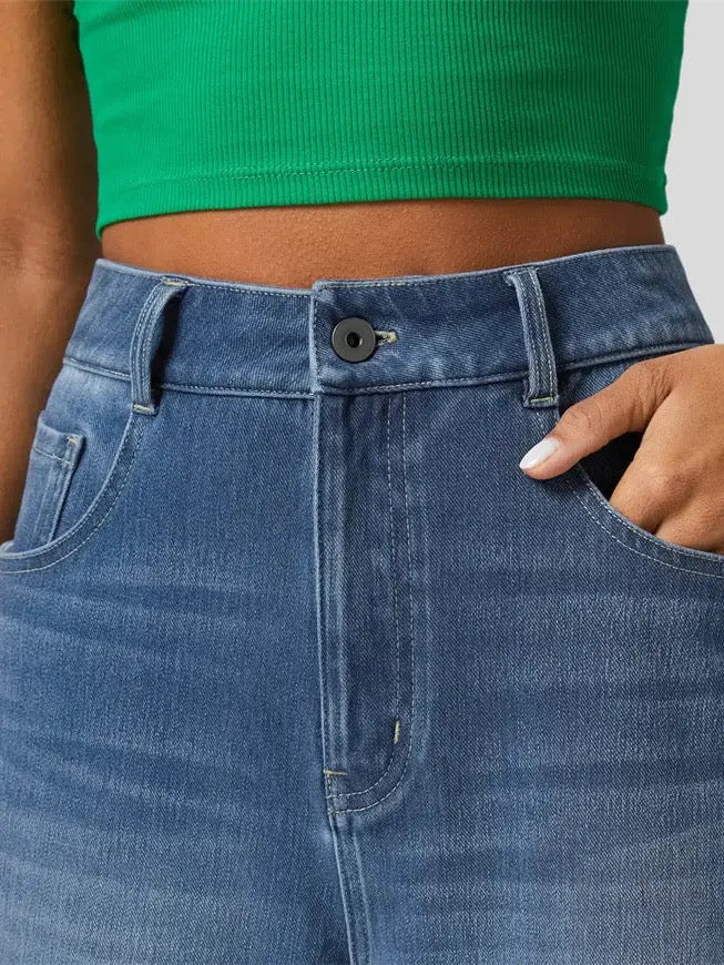 Cuffed Washed High Waist Casual Straight Leg