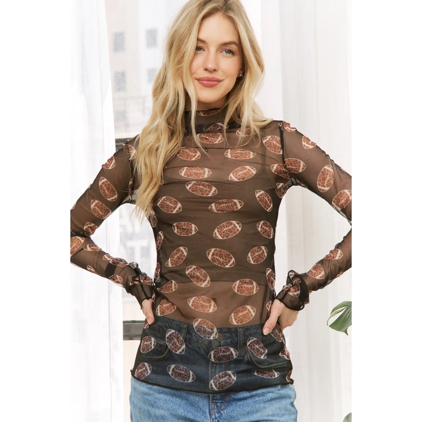 Football Print Mesh High Neck Design Long Sleeve Top