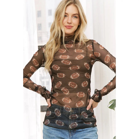 Football Print Mesh High Neck Design Long Sleeve Top