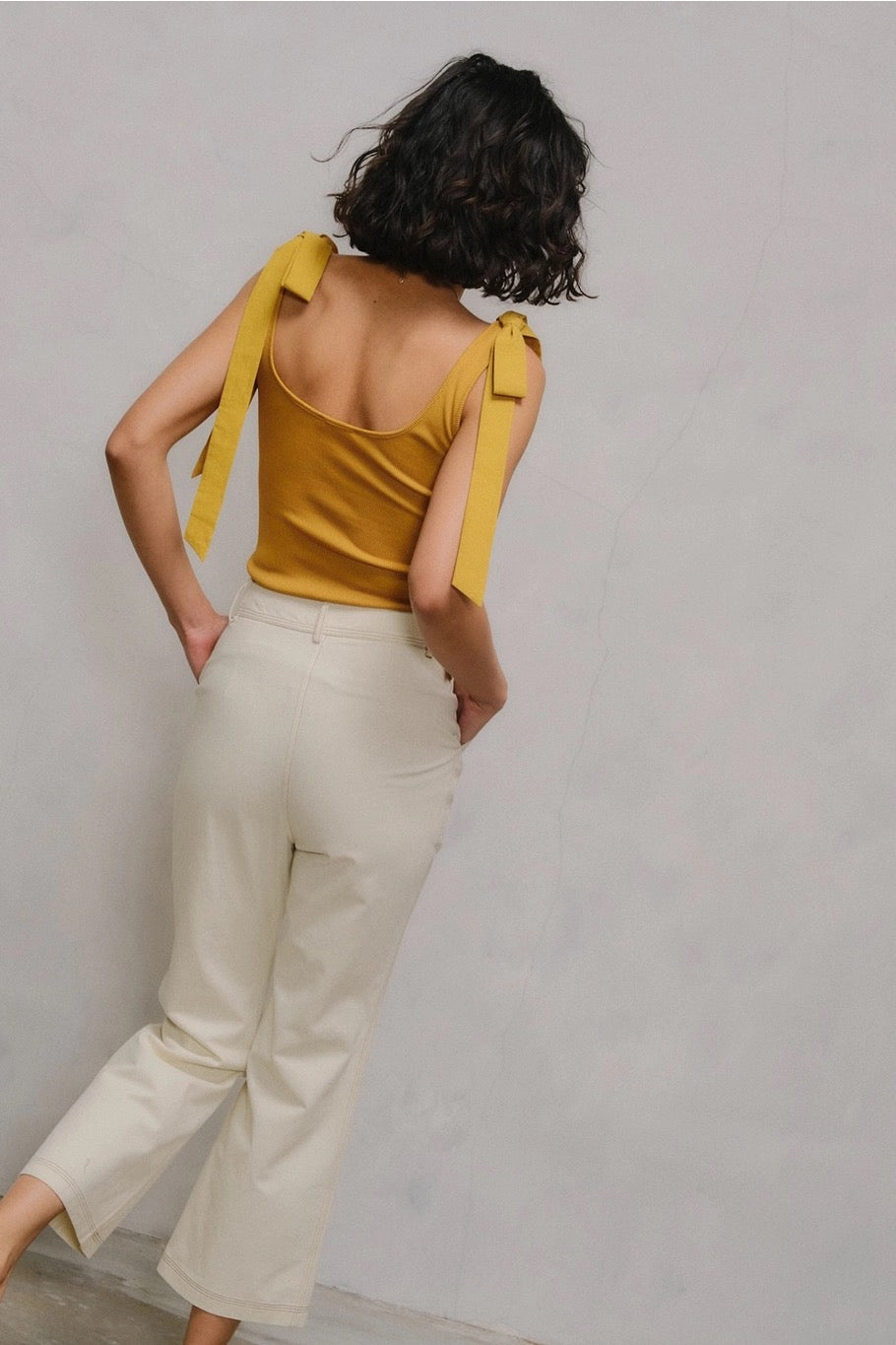 Ribbon Tie Shoulder Ribbed Tank