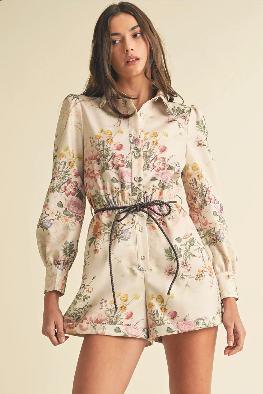 Belted Cream Floral Playsuit