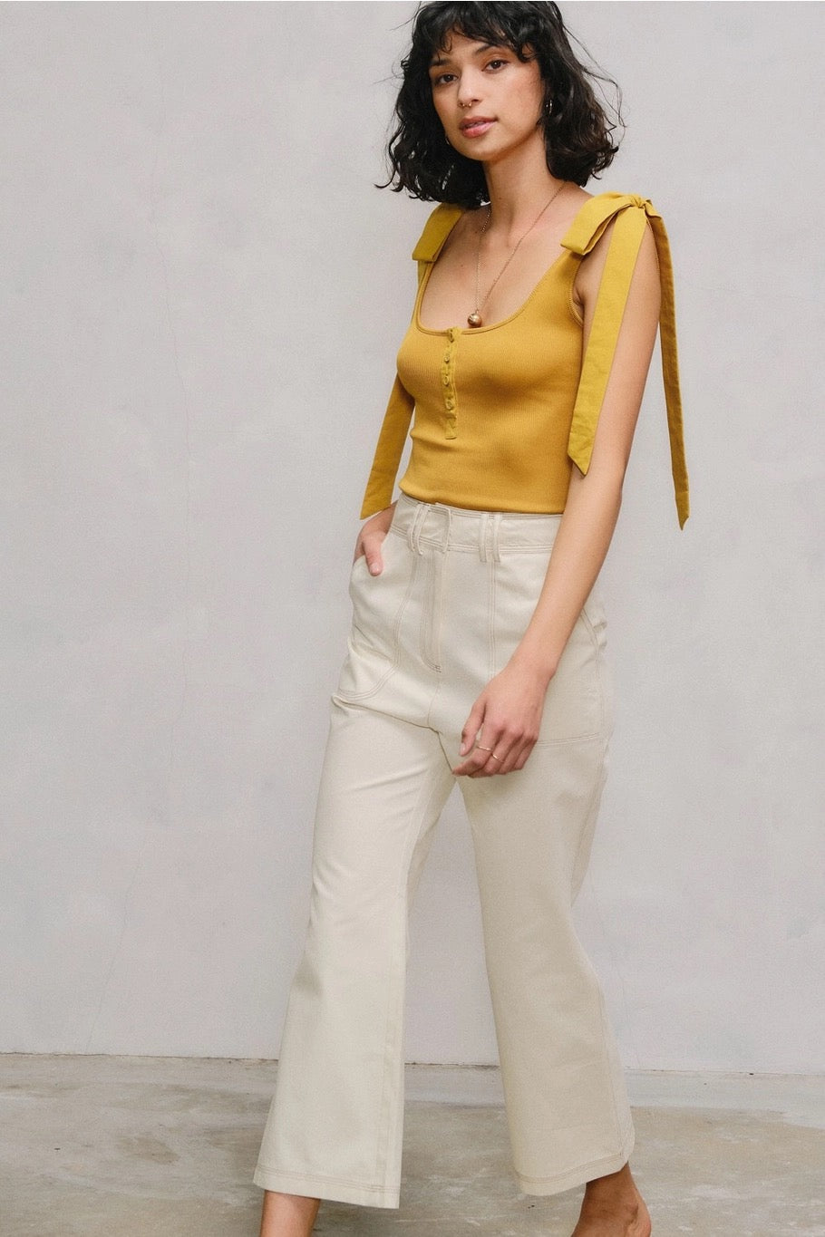 Ribbon Tie Shoulder Ribbed Tank