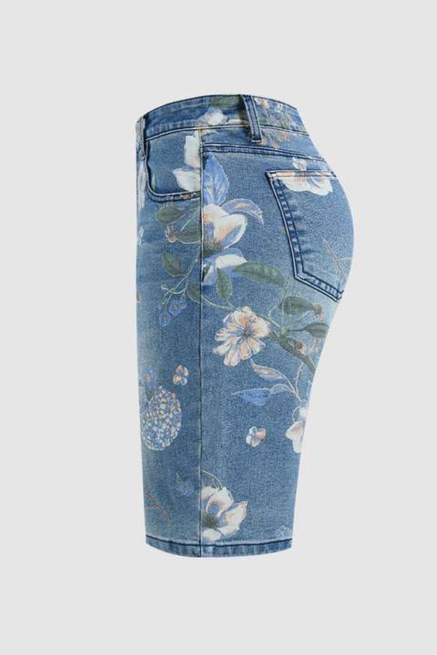 Floral Printed Blue Jeans Shorts Bermuda Shorts