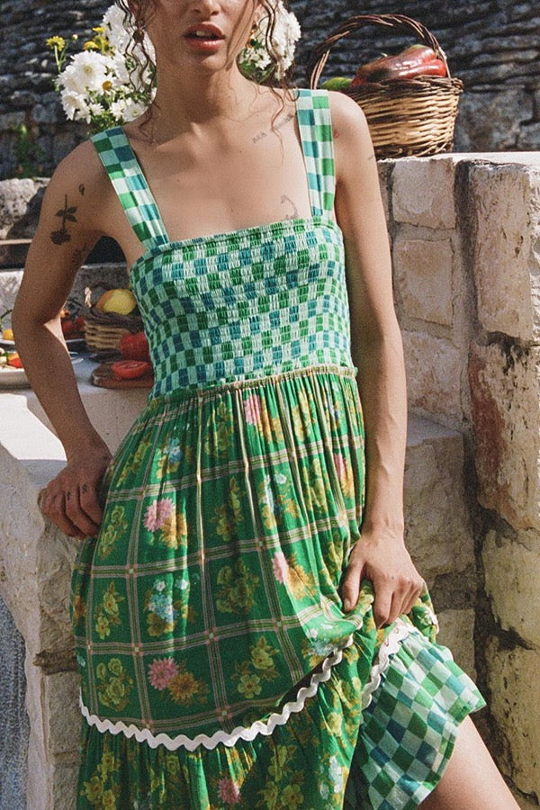 Green Checkered Floral Boho Ric Rac Tiered Dress
