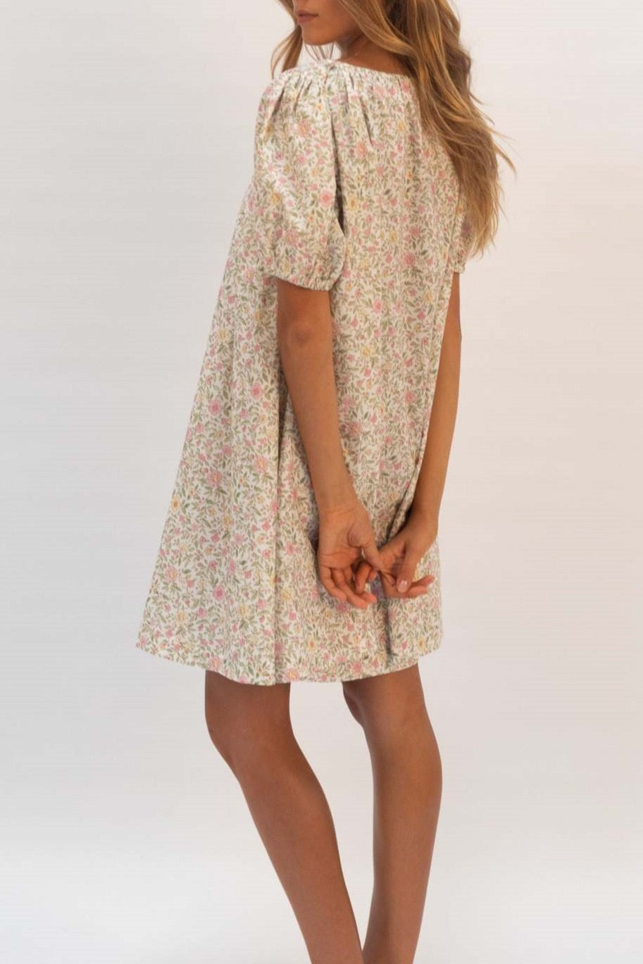 Rose Bloom Floral Gingham Puff Sleeve Babydoll Dress