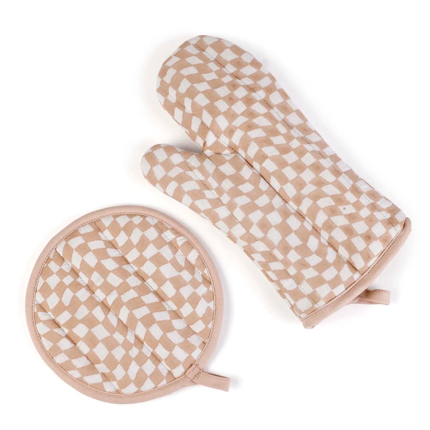 Checked Nude Oven Mitts & Pot Holder