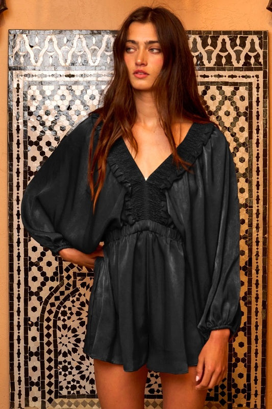 Smocked V-Neck Ruffled Solid Satin Romper
