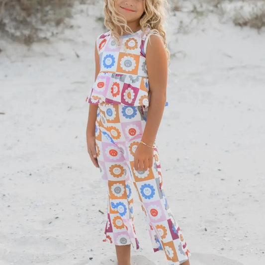 Girl's Retro Daisy Checkered Spring Summer Bell Bottom Set
