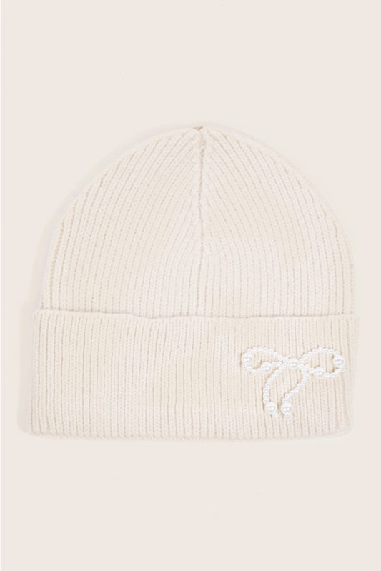 Pearl Beaded Ribbon Bow Charm Knitted Beanie
