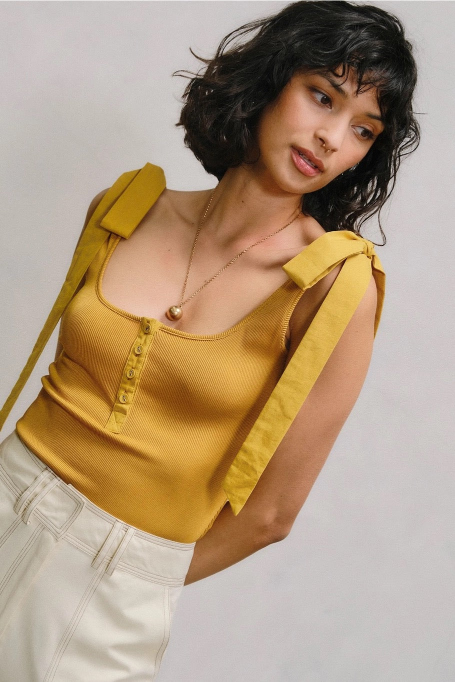 Ribbon Tie Shoulder Ribbed Tank