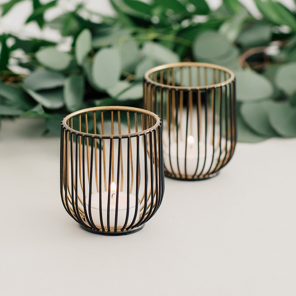 Small Geometric Wire Basket Tea Light Holder - Black & Gold