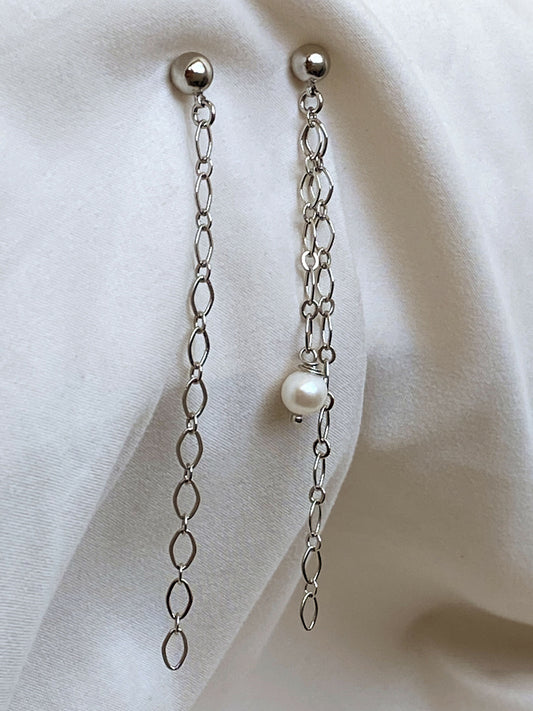 Minimalist pearl long drop earrings for everyday in silver tone