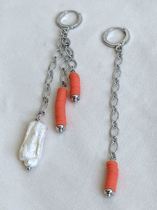 Mismatched Orange Pearl Drop Earrings In Silver Tone