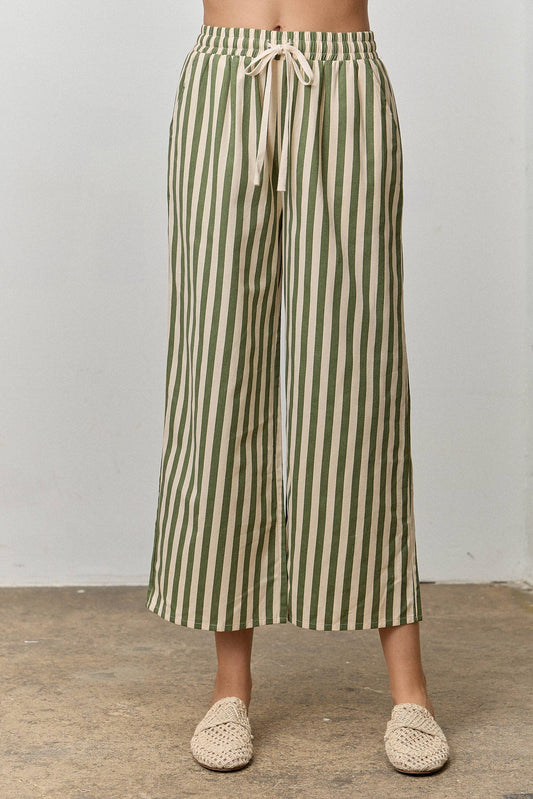 Olive Striped Drawstring Pants