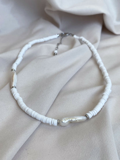 Asymmetric Necklace With Pearls In Silver Tone