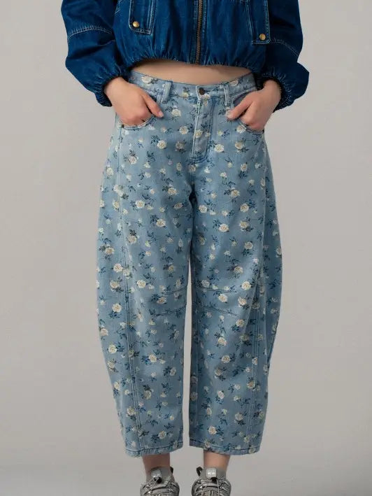Floral Print Relaxed Fit Denim Pants