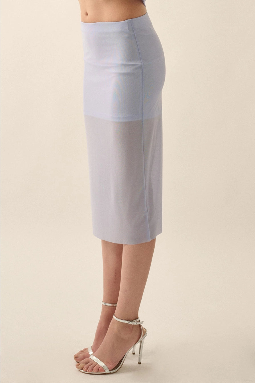 Solid Mesh Raw-Edge Hem Midi Pencil Skirt