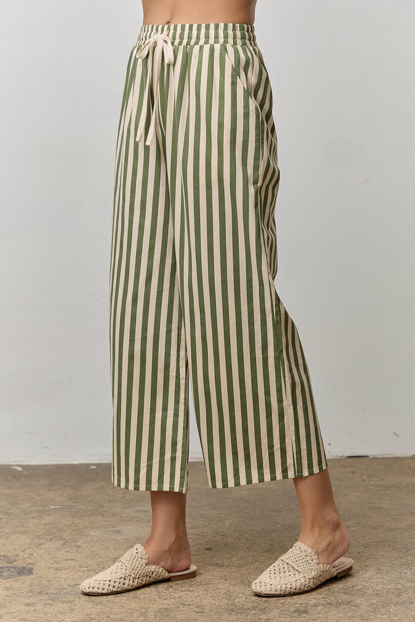 Olive Striped Drawstring Pants