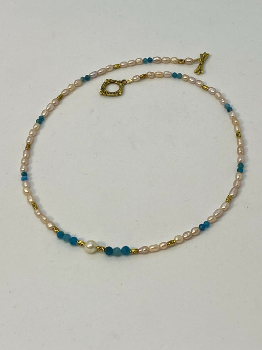 Pearl, Blue Apatite, & Gold Tube Necklace