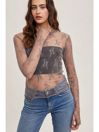 Mauve Floral Embroidery Lace Mesh Layering Top