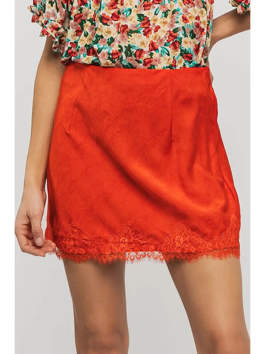 Romantic Scalloped Lace Trim Satin Mini Lingerie Skirt