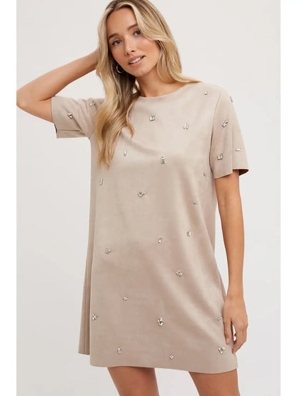 Rhinestone Faux Suede Shift Dress