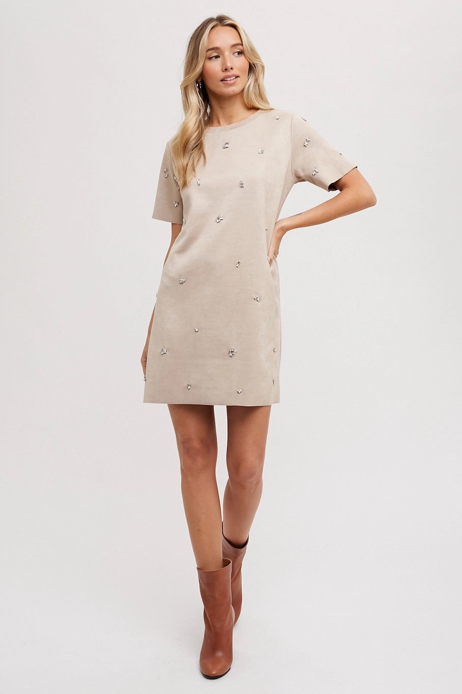 Rhinestone Faux Suede Shift Dress