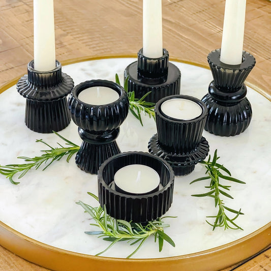 Vintage Ribbed Black Glass Candle/Candlestick Holders - Black