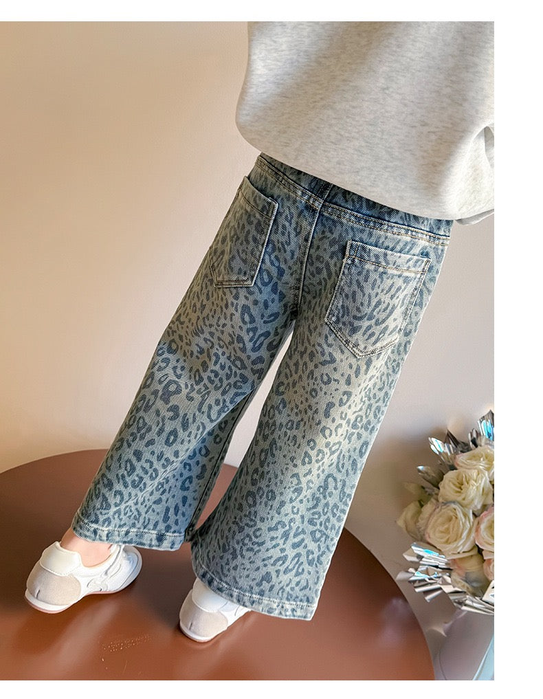Girls' Blue Leopard Print Denim Wide-Leg Pants (Jeans)
