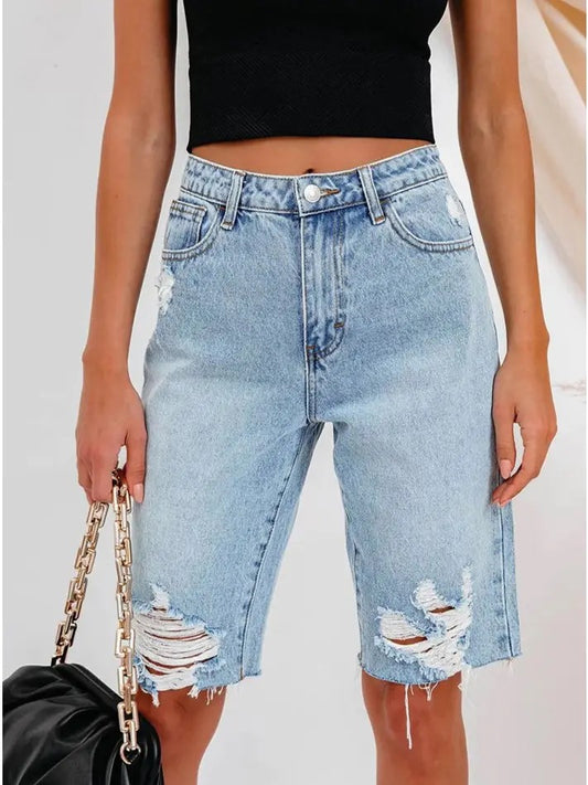 Stylish Ripped Mid-Rise Cropped Denim Shorts