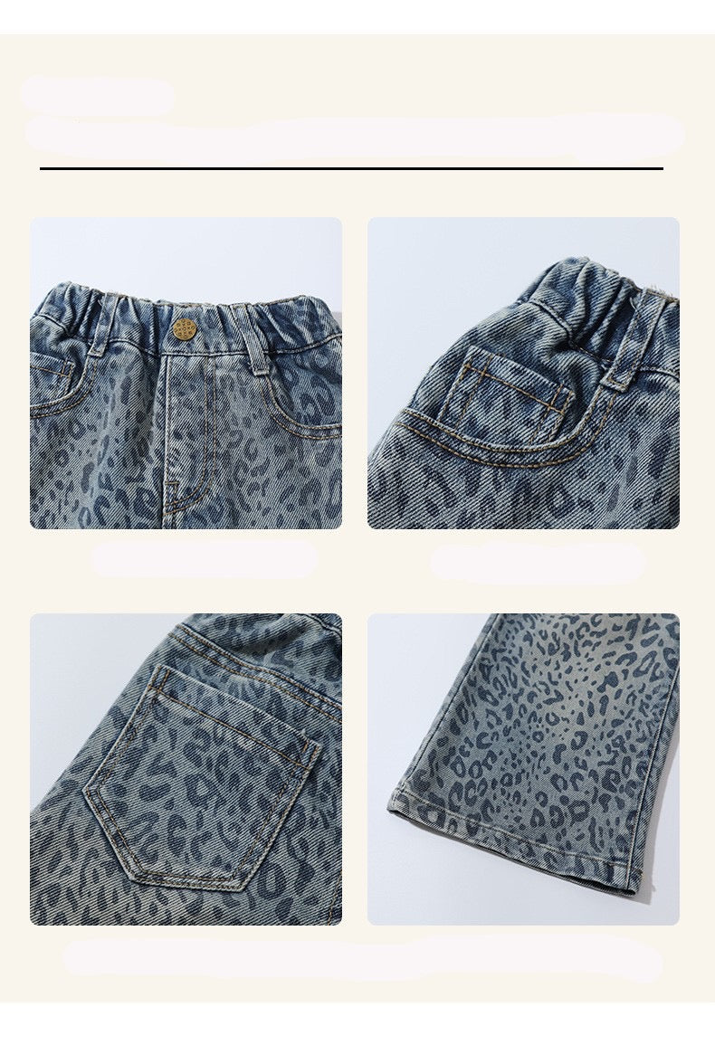 Girls' Blue Leopard Print Denim Wide-Leg Pants (Jeans)