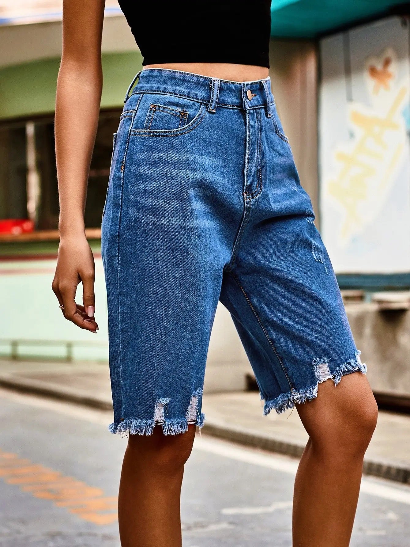 Stylish Ripped Raw Denim Cropped Shorts