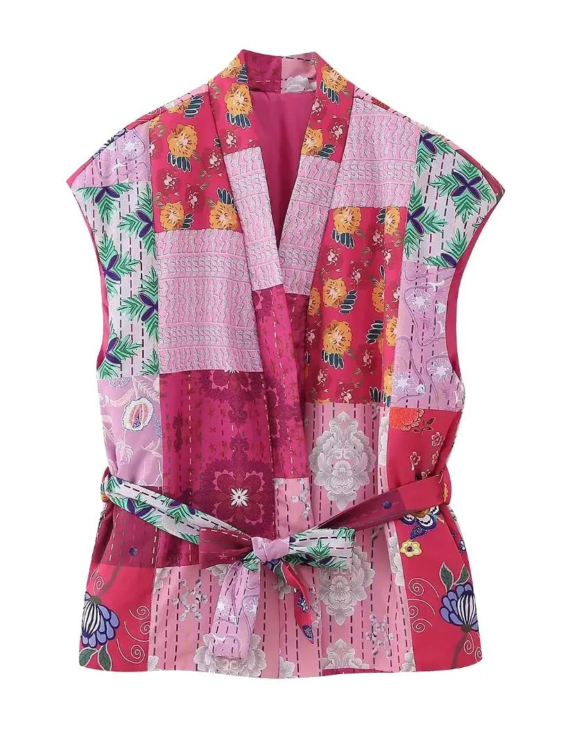 Floral Printed Panelled Lace-Up Quilted Vest