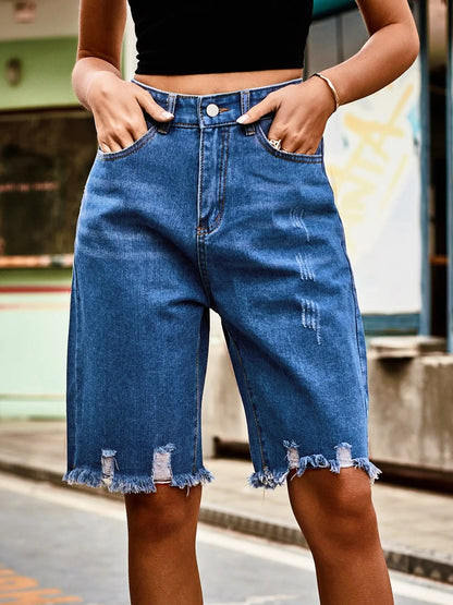 Stylish Ripped Raw Denim Cropped Shorts