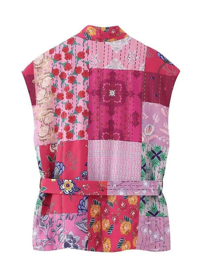 Floral Printed Panelled Lace-Up Quilted Vest