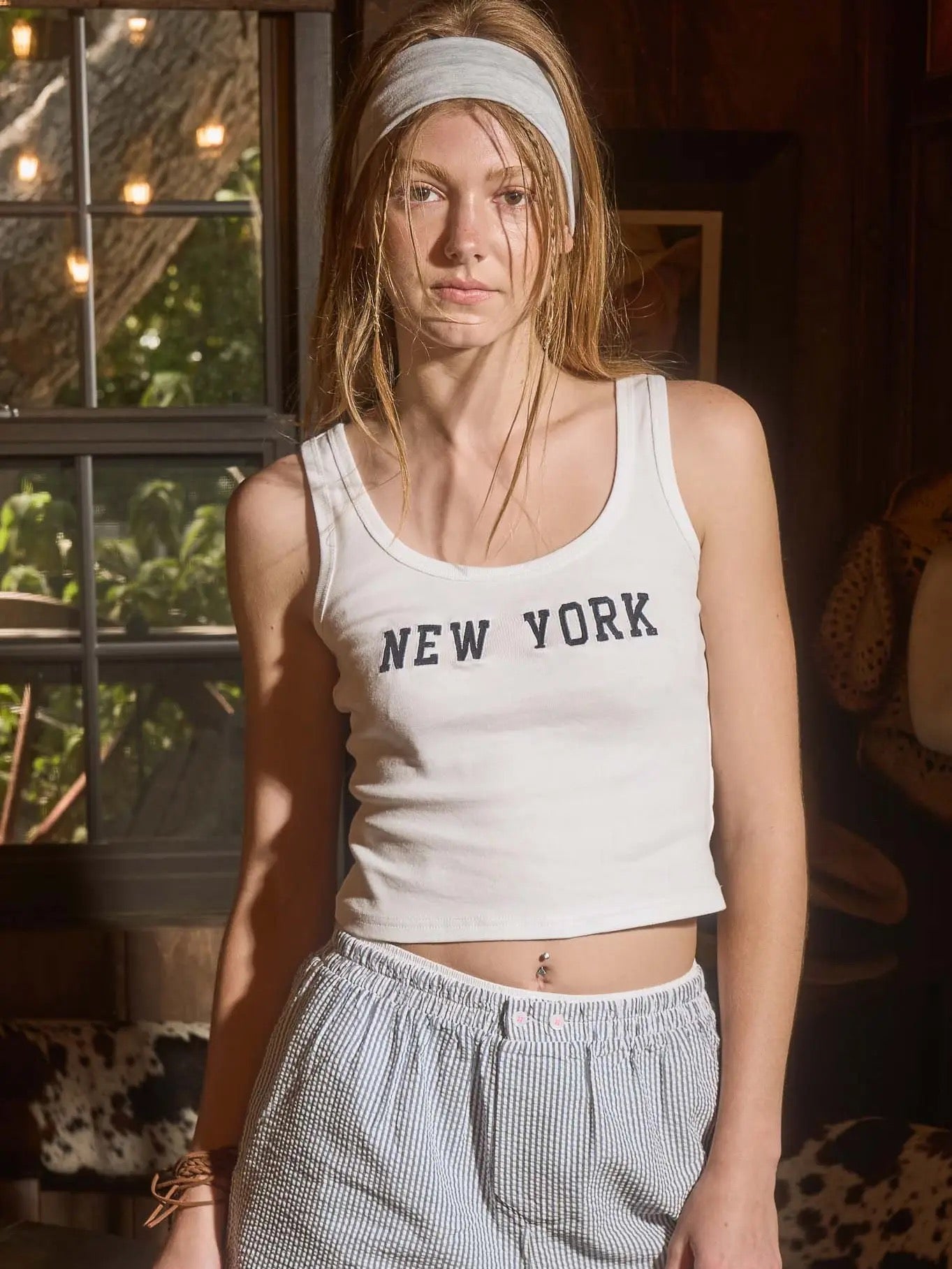 New York Embroidered Cropped Knit Tank Top