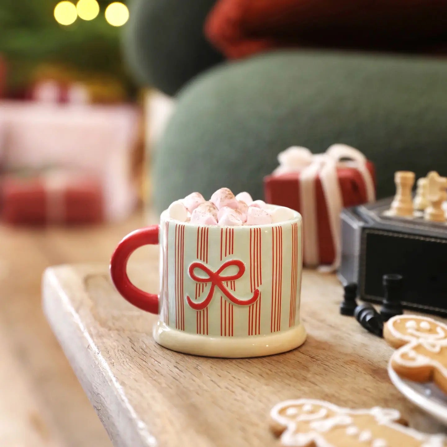 Ceramic Holly Stripe and Bow Christmas Mug