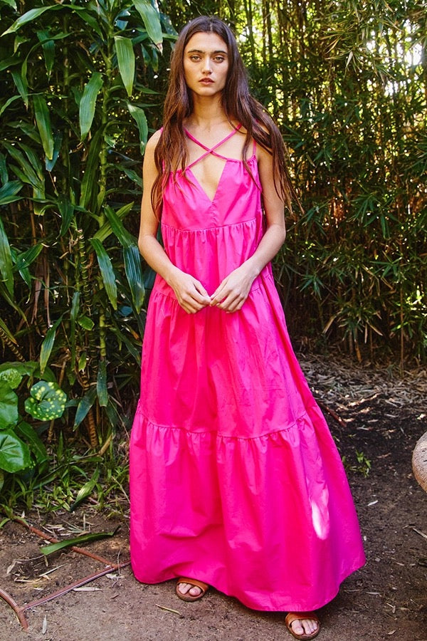 Strappy Tiered Poplin Maxi Dress