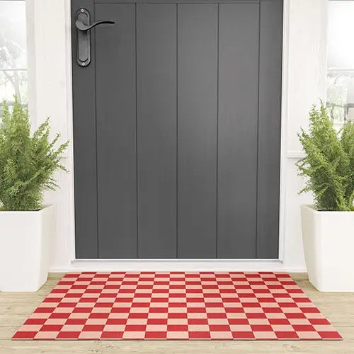 Red and Pink Checker Pattern Welcome Mat