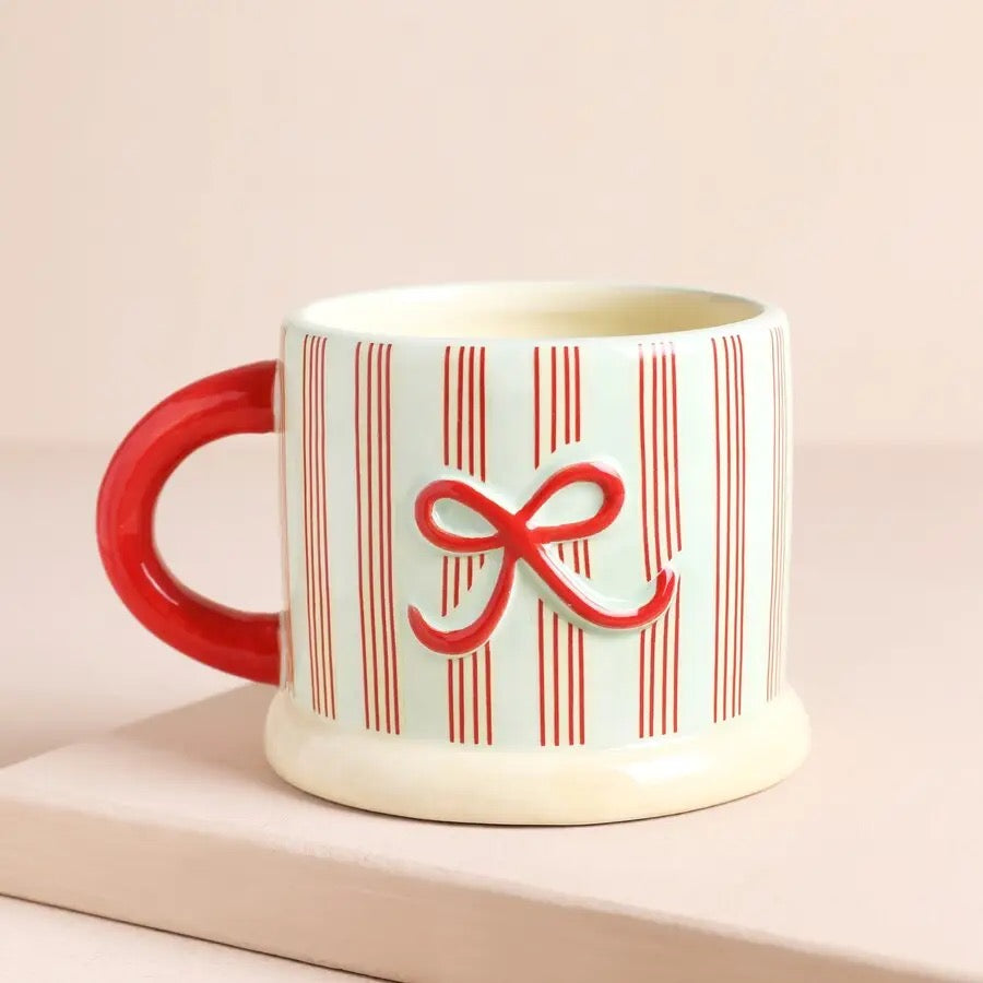 Ceramic Holly Stripe and Bow Christmas Mug