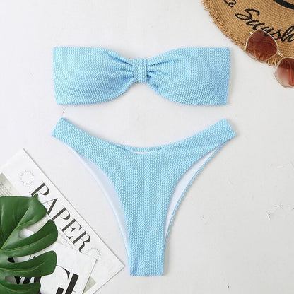 2 Piece Blue Color Back Tie Swimsuit