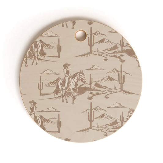 Little Arrow Western Cowgirl Tan Cutting Board Round