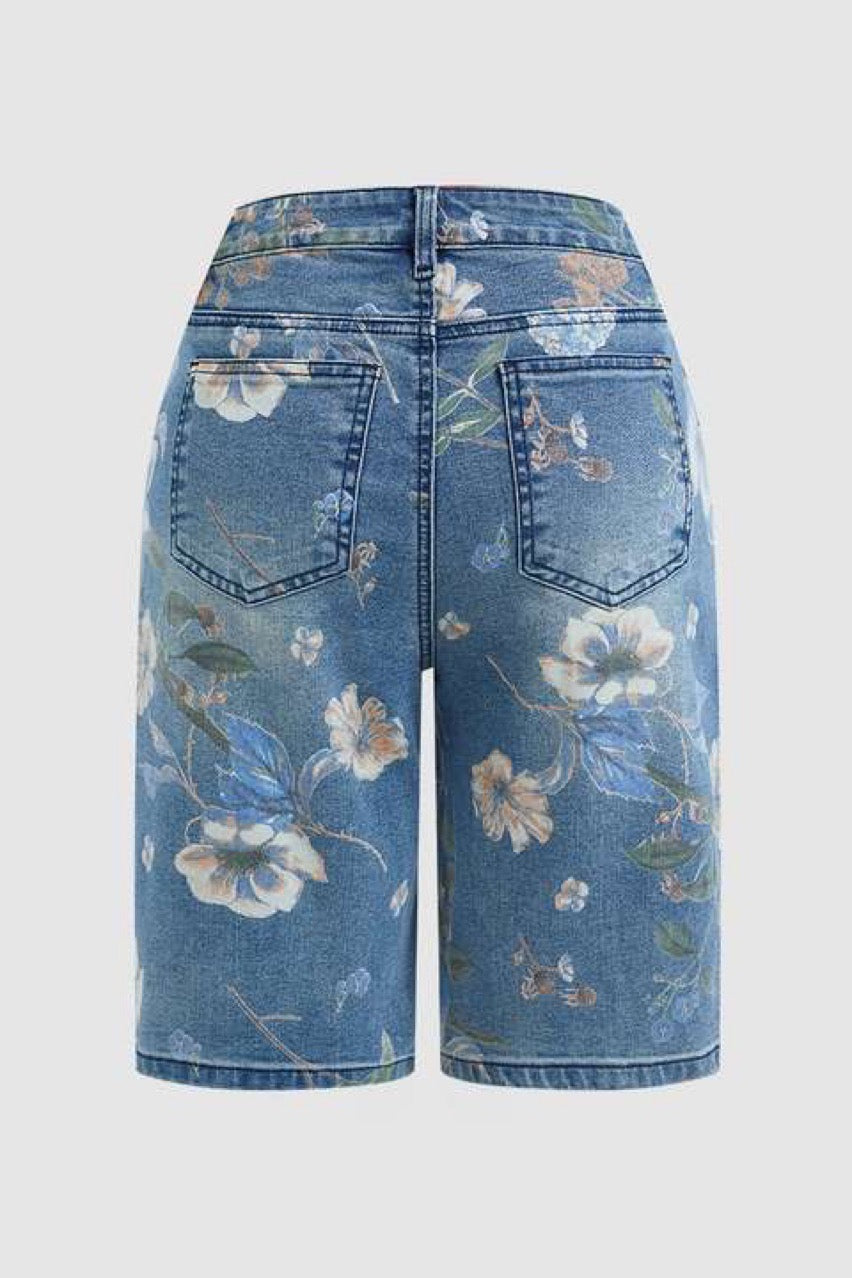 Floral Printed Blue Jeans Shorts Bermuda Shorts